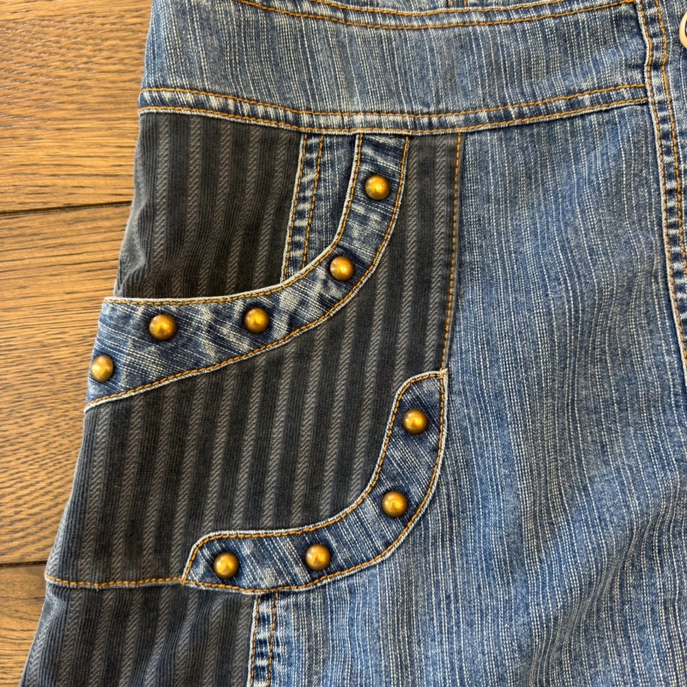 Shufa Blue Denim Striped Corduroy Studded Hooded Short Sleeve Jacket Size 42 - Picture 5 of 16